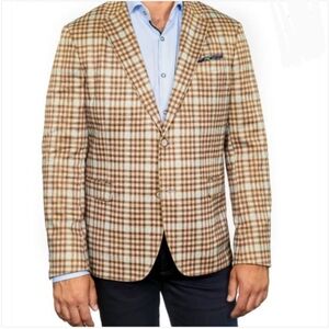 7 Downie St London Couture Colton Tan Blue Plaid Sport Coat Casual Blazer Jacket